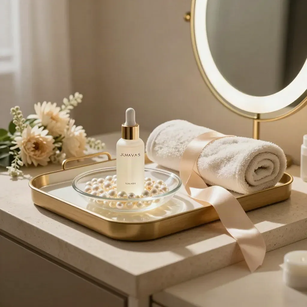Vanity tray with serum beads, ivory towel, silk ribbon and bouquet beside a glowing mirror.
