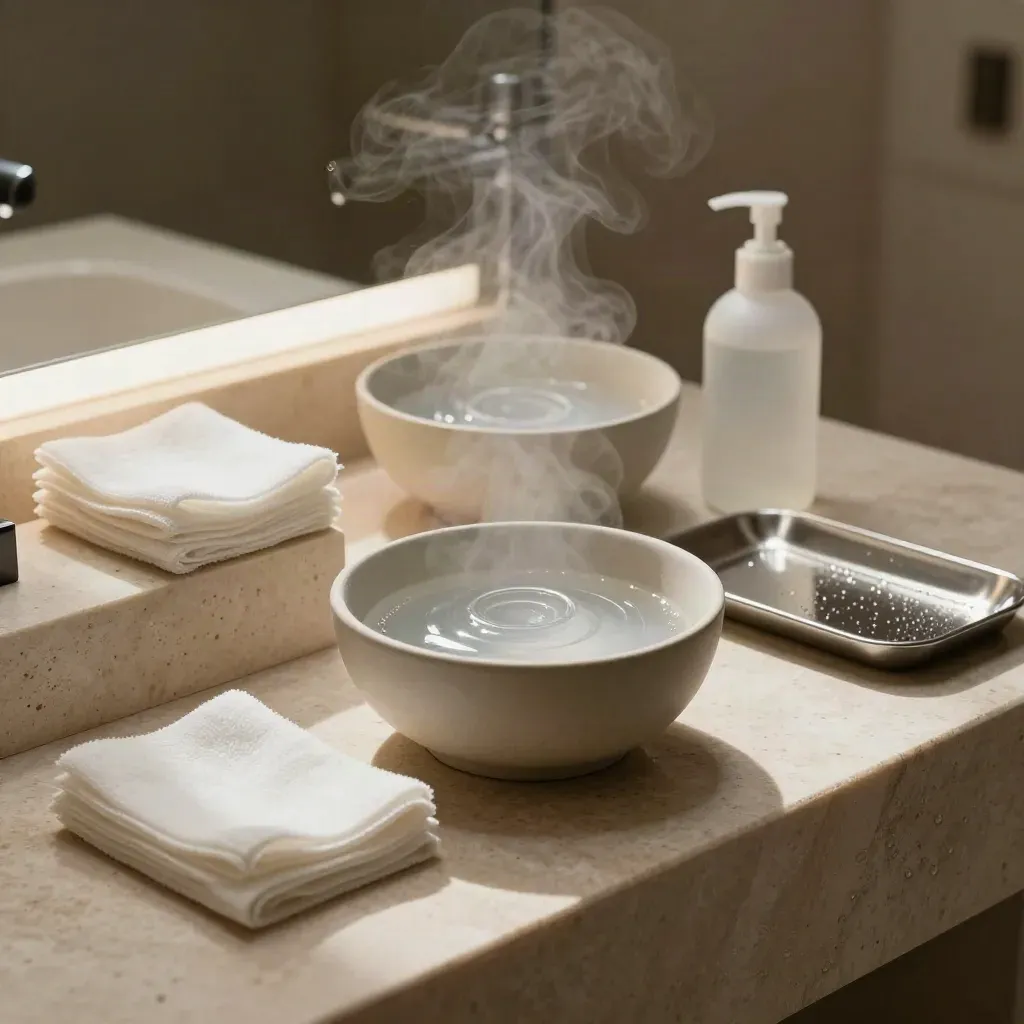 Steam over a resurfacing station with bowls, gauze and exfoliating pads by a pale stone sink.