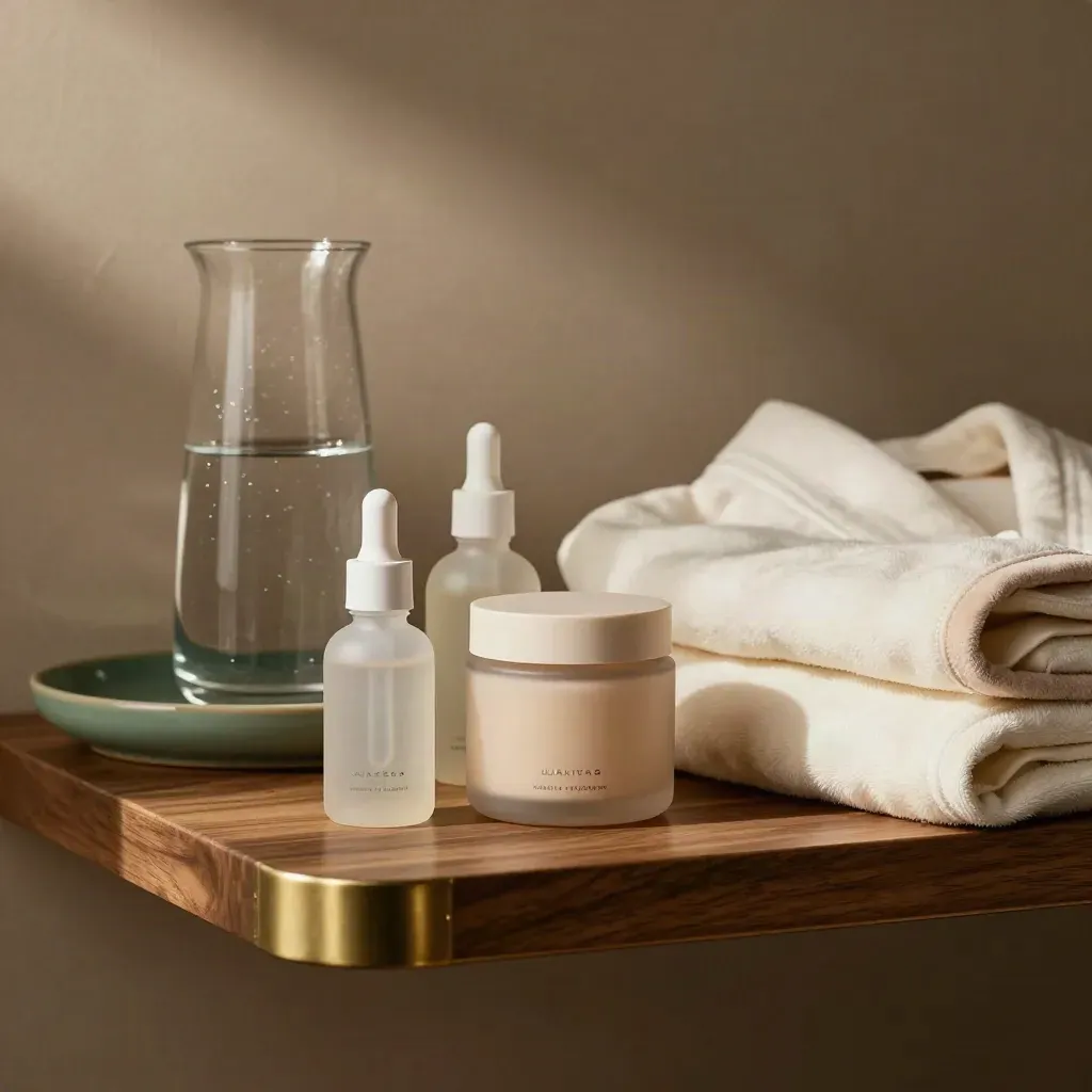 Close-up shelf of serum bottles, supplement jars, water carafe and folded robe in warm clinic light