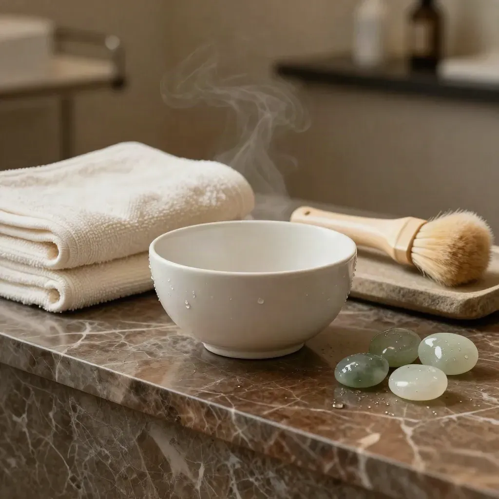 Facial treatment bowl, towels, fan brush and jade stones on marble with steam