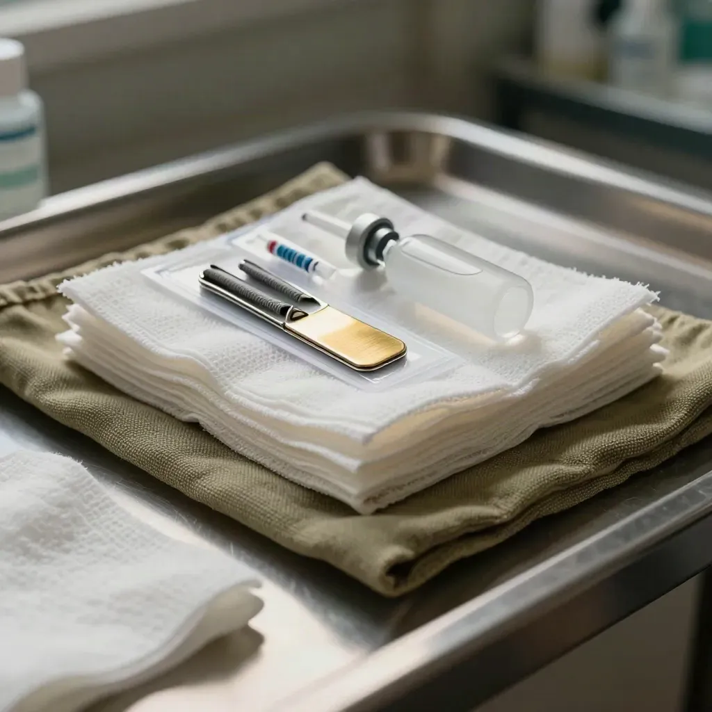 Clinical dressing kit with gauze, cartridges, saline vial and metal clips on a sterile prep shelf.