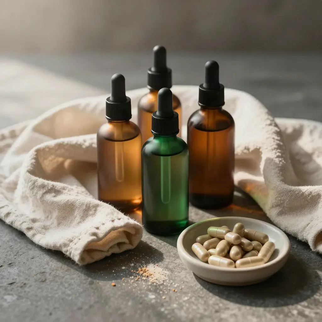 Aftercare bottles, linen cloth and capsule dish on brushed stone in soft morning light.