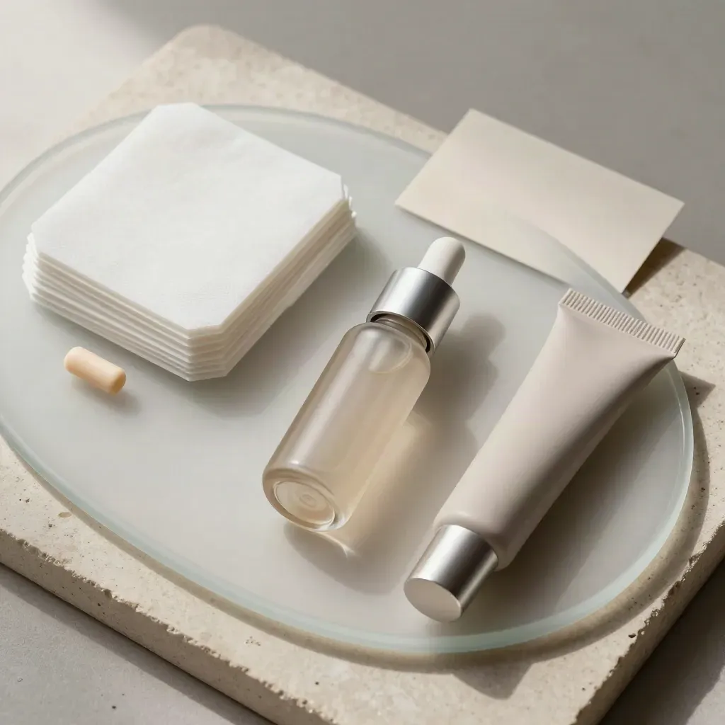 Overhead skin review still life with frosted glass, blotting pads, swab tube, and serum vials.