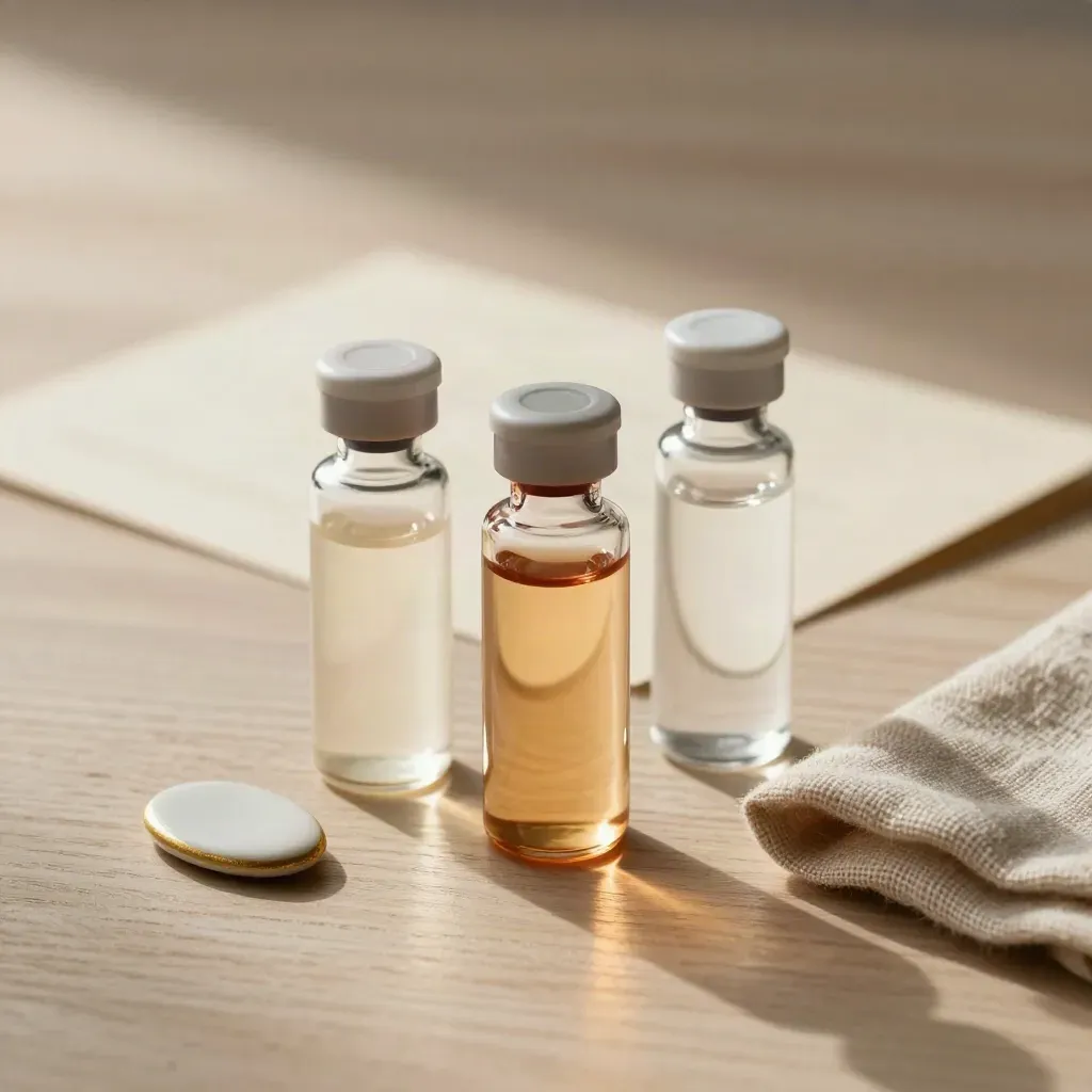 Three serum vials, ceramic token and folded linen on pale oak with soft side light.