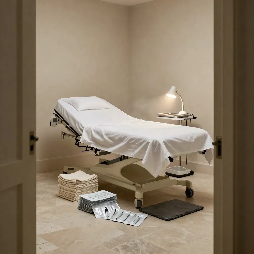Clinic treatment room with a covered bed, sterile packs, folded linens and a warm lamp.