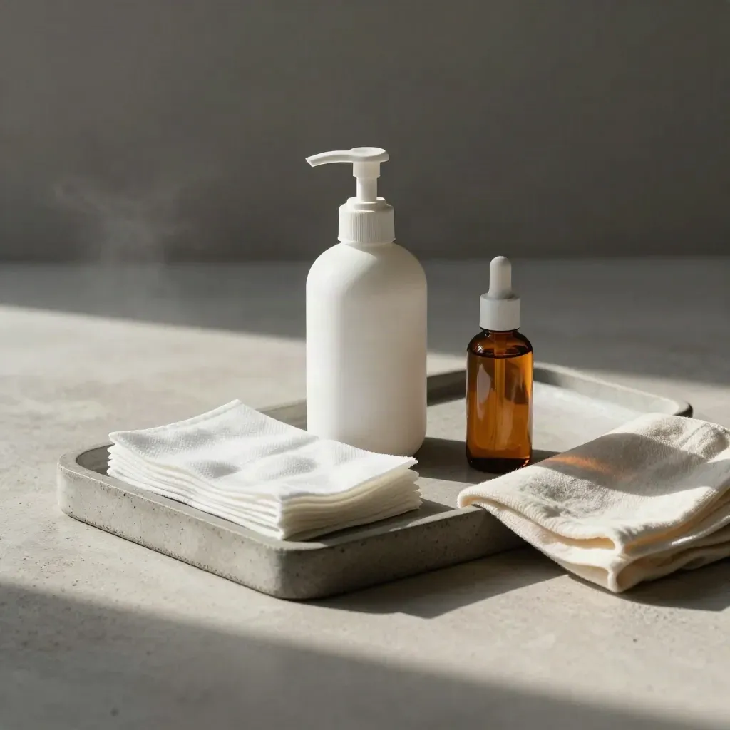 Aftercare kit with gauze, pump bottle, cooling pads and amber serum on a stone tray.