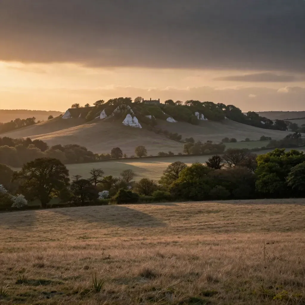 Surrey chalk ridge, spring woodland and a distant manor roofline above a hazy valley at sunset