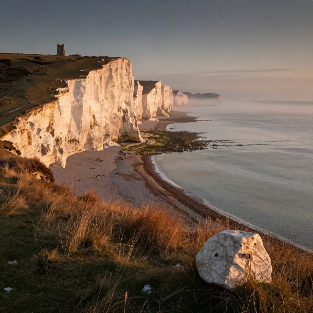Golden Kent coastline with white cliffs, shingle shore, sea mist and a distant church tower at sunset.