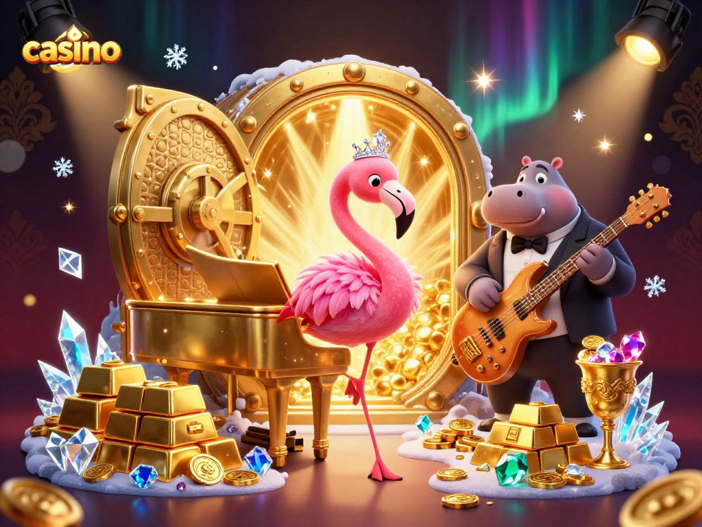 Experience the vibrant casino atmosphere with a flamingo singer at a golden piano, showcasing lively gambling elements.