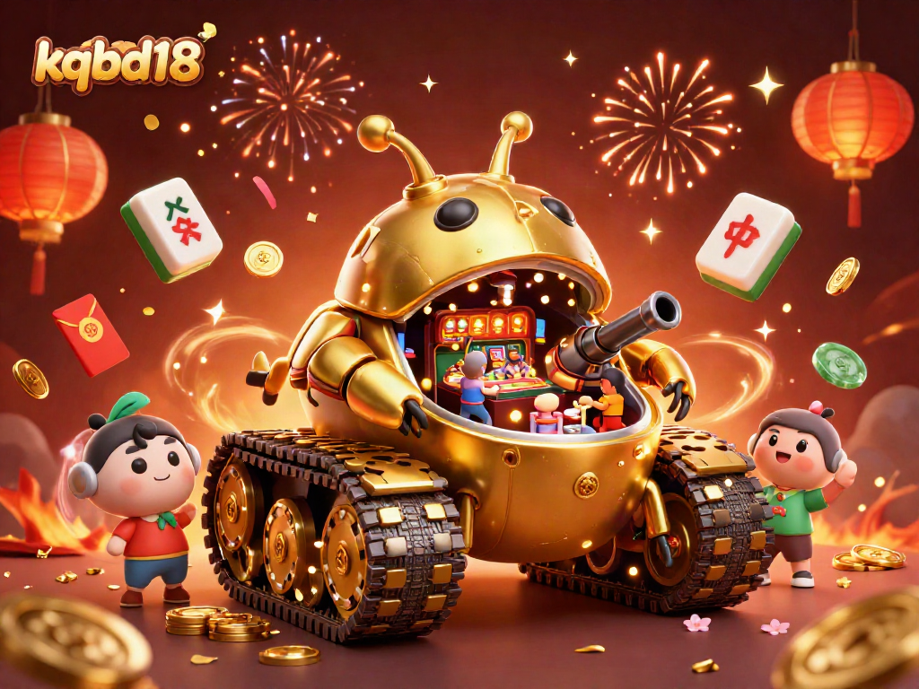 Engage with kqbd18 as a golden beetle tank bursts confetti and coins in a lively digital casino.
