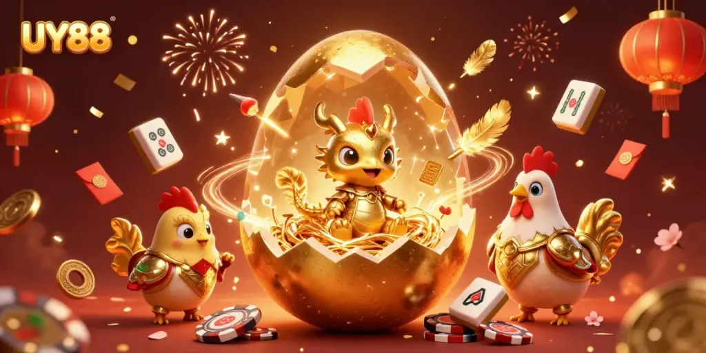 Experience the vibrant gaming world of UY88 with a golden dragon on poker chips in a colorful casino atmosphere.