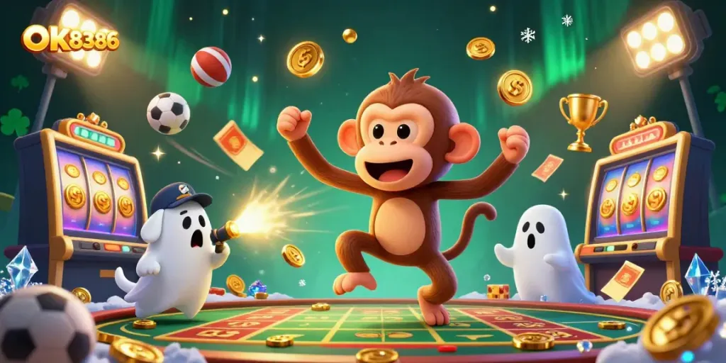 Experience the thrill of OK8386 with playful characters and dynamic gaming elements in an exciting casino scene.