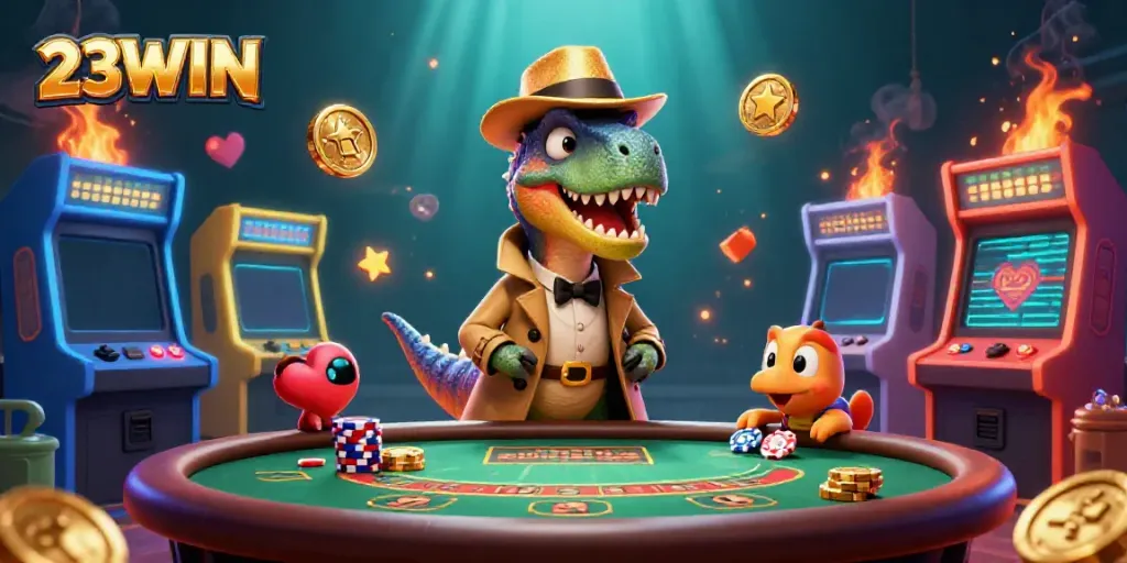 Watch the exciting 23WIN casino scene with a velociraptor card counter and more!