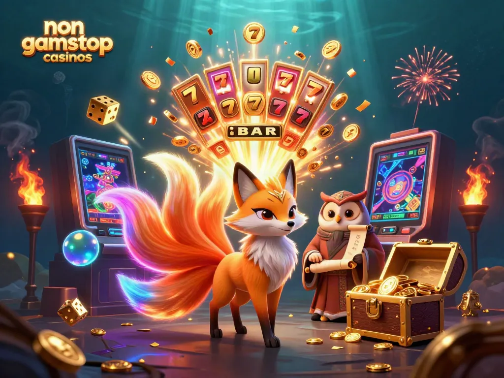 Experience excitement with non gamstop casinos featuring a colorful fox spirit, wise owl, and jackpot explosion.