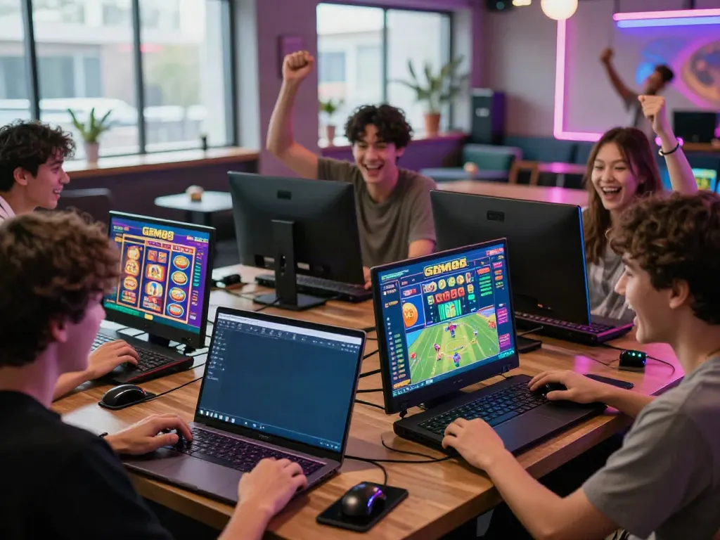 GEM88 online gaming experience showcasing players enjoying colorful games on digital devices, highlighting the interactive community atmosphere.