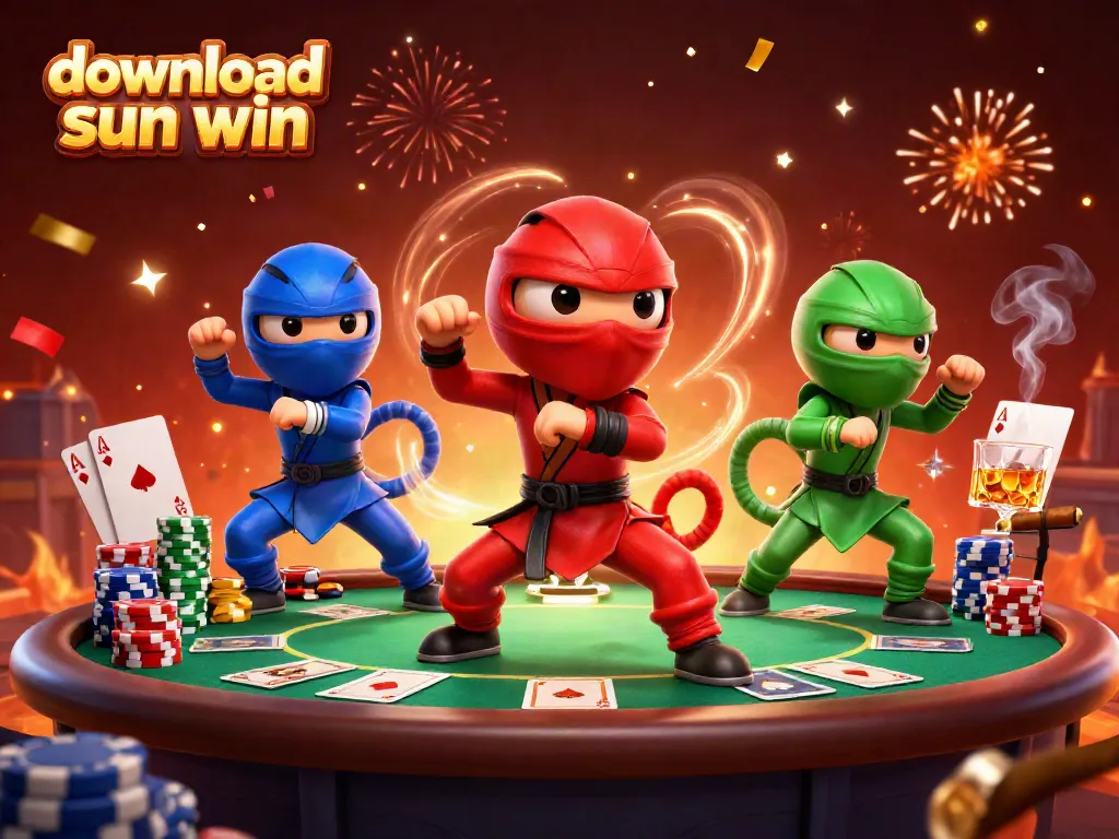 Experience the excitement with download sun win, featuring chameleon ninjas at a vibrant poker scene.