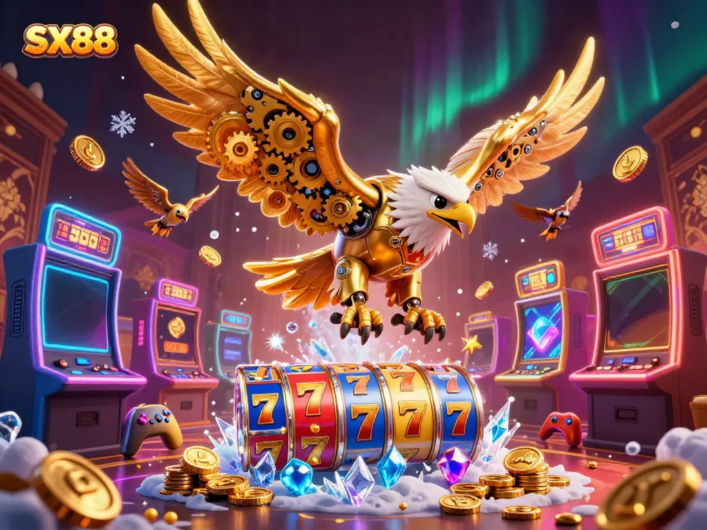 SX88 offers an exciting slot gaming experience with a cybernetic eagle amidst vibrant casino elements.
