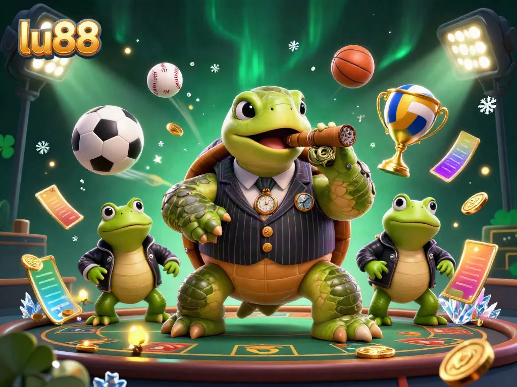 lu88 snapping turtle and bullfrog enforcers celebrate winning with vibrant casino elements