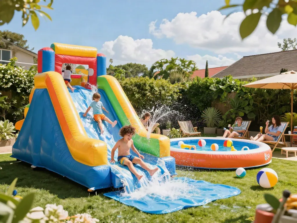 Children laughing and playing on a colourful water slide in a sunny backyard setting.
