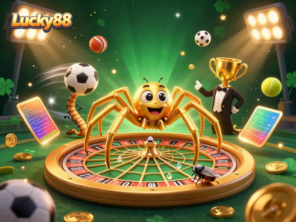 Lucky88 spider spins a roulette web as a fly bets nervously, illustrating the excitement of the casino.