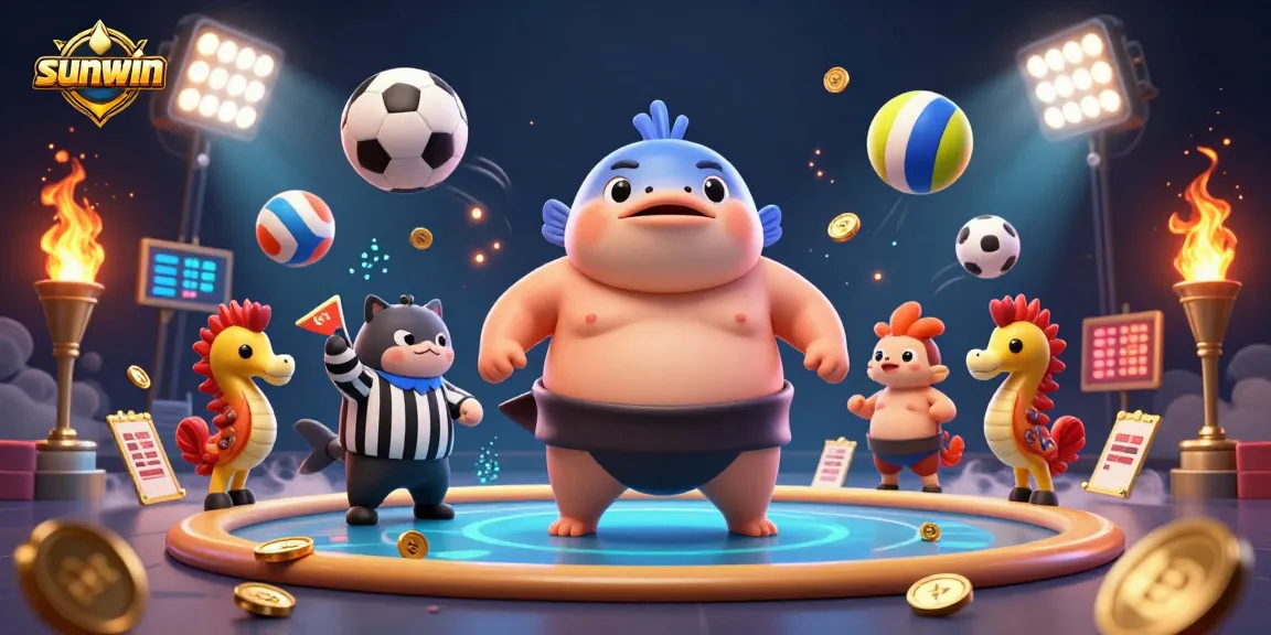 Experience thrilling gameplay with Sunwin at this vibrant underwater gamble featuring the fugu sumo and excited spectators.