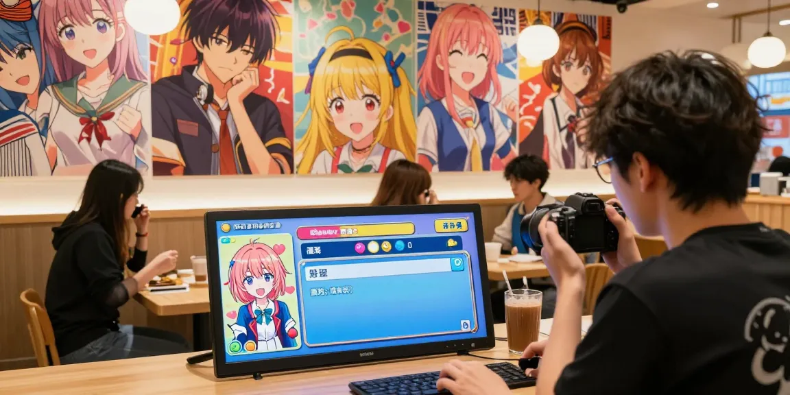 Colorful gaming scene showcasing a player engaging with html ecchi games in a vibrant animated café environment.