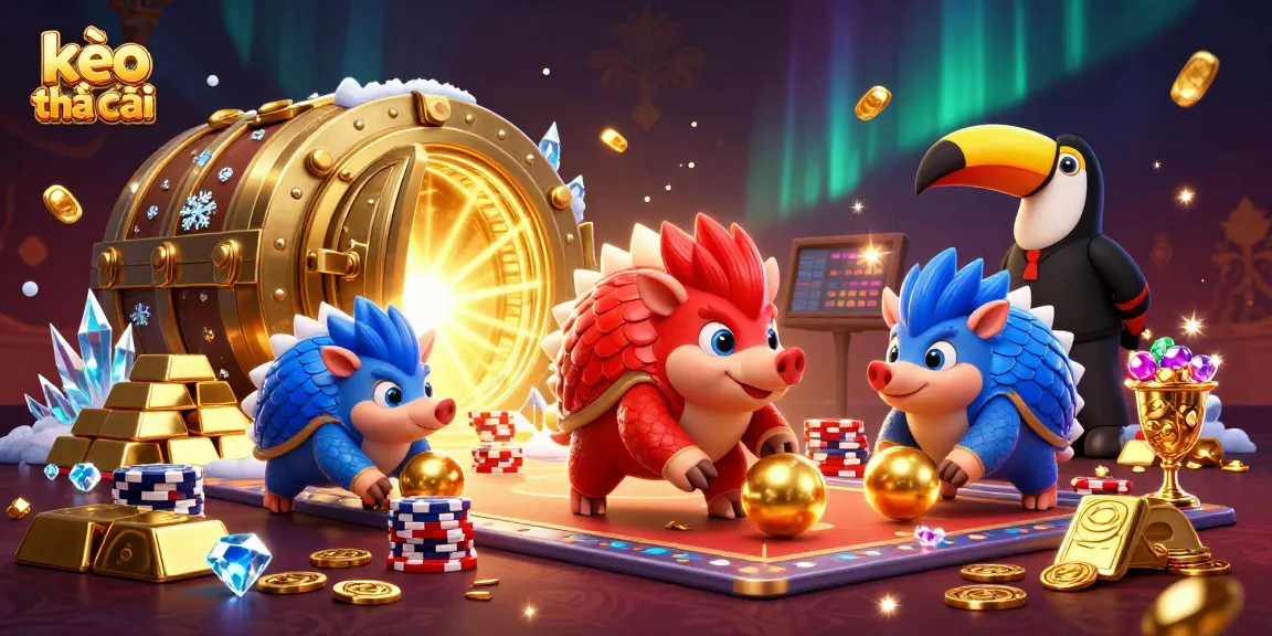 Kèo nhà cái engaging sports betting scene with dynamic pangolins, poker chips, and a colorful toucan referee.
