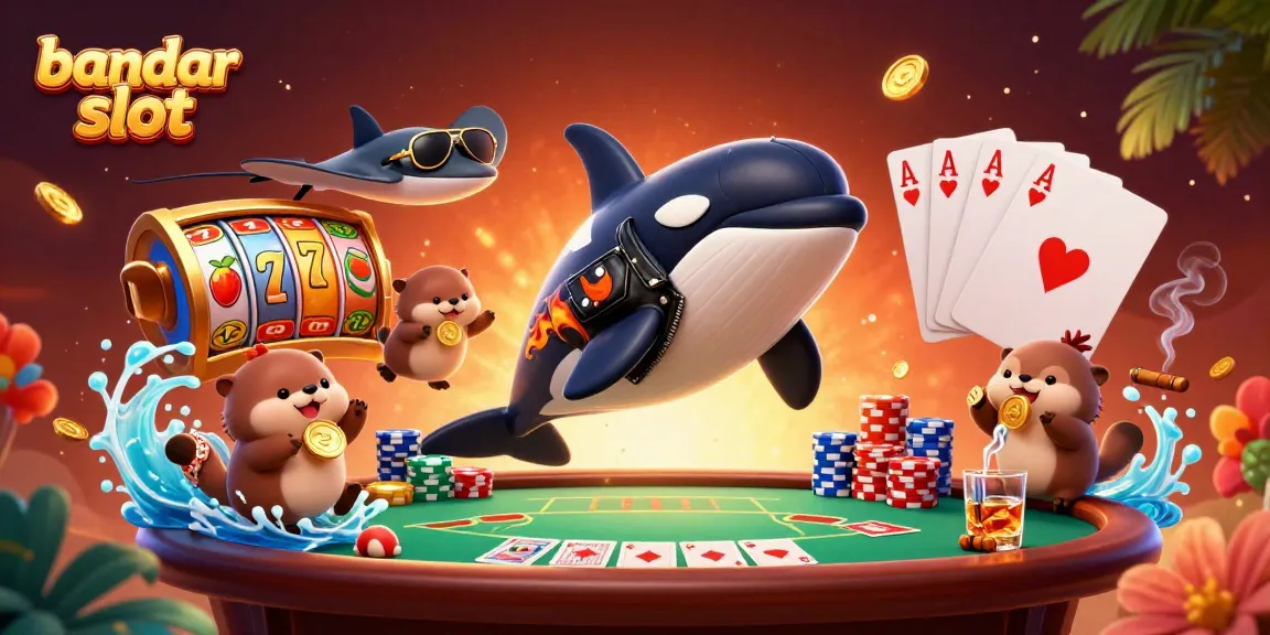 Experience the thrill of bandar slot gaming with an orca in leather and coin-holding otters.