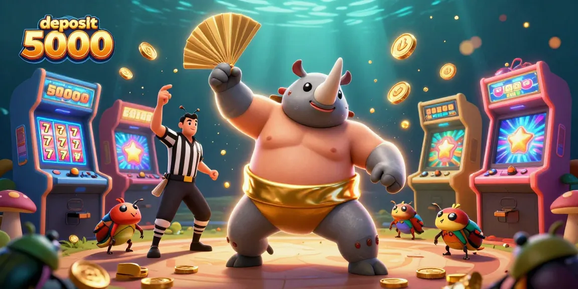 Experience the thrill of deposit 5000 with a vibrant casino scene featuring a rhinoceros beetle sumo champion.