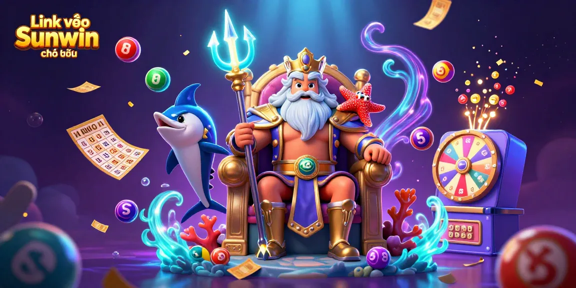 Engage with Link vào Sunwin chính thức in this vibrant 3D casino scene featuring Neptune and prize elements.