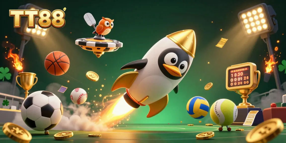 TT88's golden penguin blasts into space amid sports elements, offering thrilling gaming adventures.