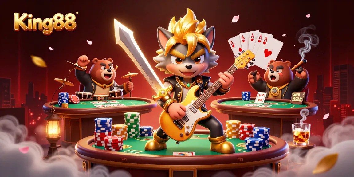 Experience the thrill of King88 with lively 3D characters depicting exciting casino action.