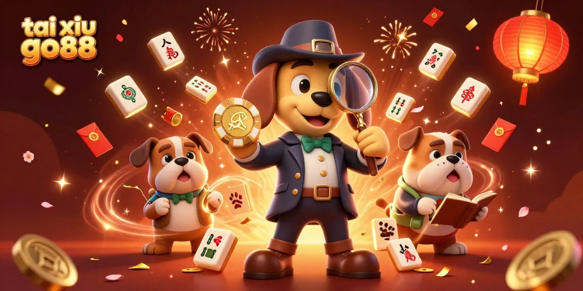 Experience the excitement of tai xiu go88 with detective characters uncovering treasures amidst festive symbols.