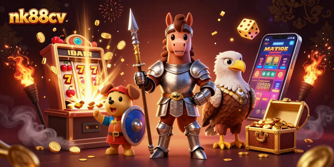 Engage with diverse games at nk88cv, featuring a knight and a squire amidst casino excitement.