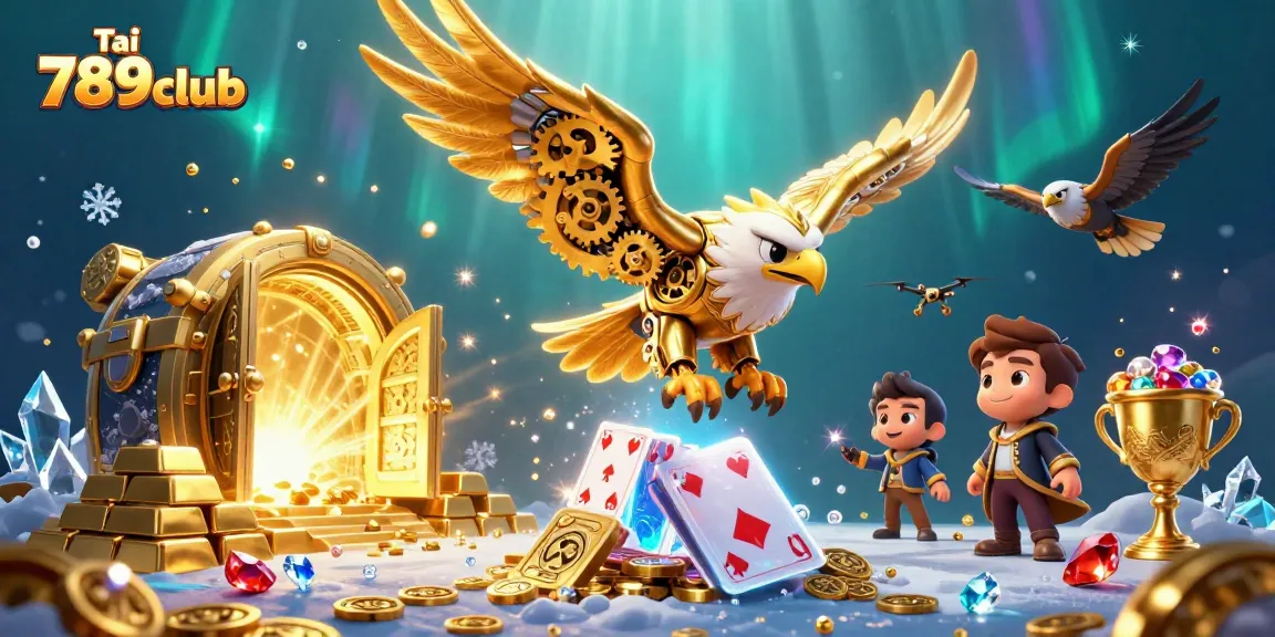Capture the excitement with Tải 789club as a cybernetic eagle soars through a storm of playing cards.
