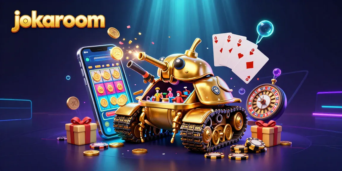 Experience the thrill of jokaroom with a vibrant, packed illustration featuring a golden beetle tank casino, overflowing with colorful gaming elements.