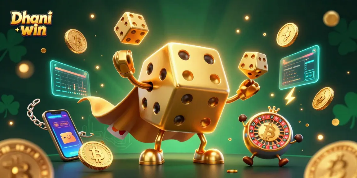 Dhani win presents dynamic gaming excitement with a golden dice golem and vibrant crypto elements.