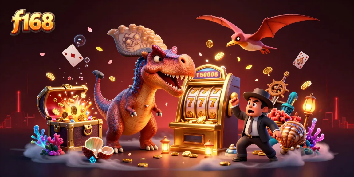 Experience the excitement of f168 with vibrant characters and gold coins flying amidst a dynamic casino scene.