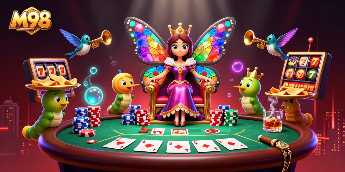 M98 casino scene featuring a butterfly queen, poker elements, and vibrant gaming atmosphere.