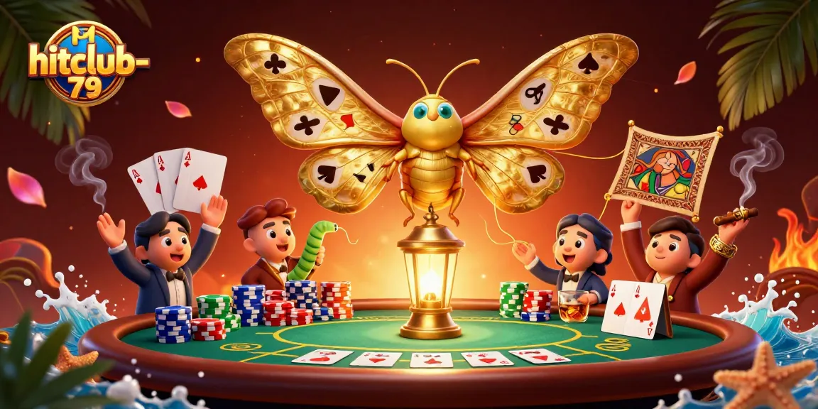 Engage with hitclub-79 casino action illustrated with vibrant poker elements and a golden moth symbolizing luck.